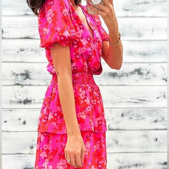 ROBERTSON + RODEO CANDY SHOP POPPY PINK FLORAL SURPLICE RUFFLE DRESS sz M - Picture 2 of 15